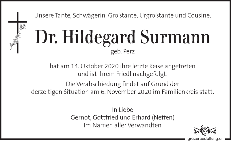  Traueranzeige für Hildegard Surmann vom 28.10.2020 aus Kleine Zeitung