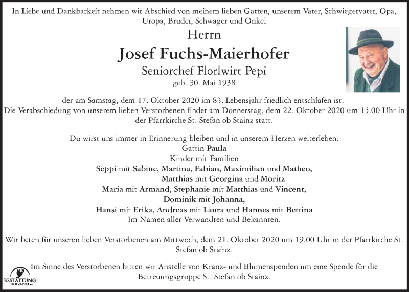  Traueranzeige für Josef Fuchs-Maierhofer vom 20.10.2020 aus Kleine Zeitung