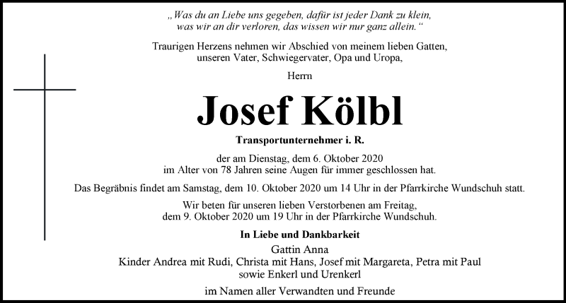  Traueranzeige für Josef Kölbl vom 08.10.2020 aus Kleine Zeitung