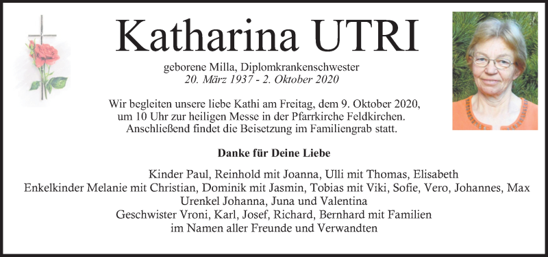  Traueranzeige für Katharina Utri vom 04.10.2020 aus Kleine Zeitung