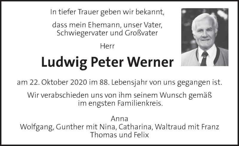  Traueranzeige für Ludwig Peter Werner vom 25.10.2020 aus Kleine Zeitung