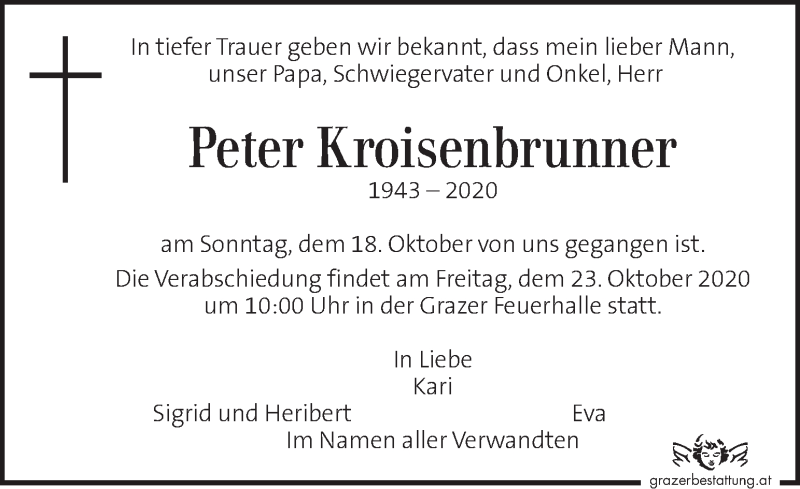  Traueranzeige für Peter Kroisenbrunner vom 21.10.2020 aus Kleine Zeitung