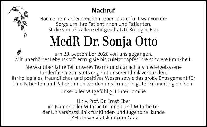  Traueranzeige für Sonja Otto vom 02.10.2020 aus Kleine Zeitung