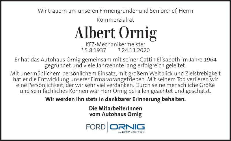  Traueranzeige für Albert Ornig  vom 27.11.2020 aus Kleine Zeitung
