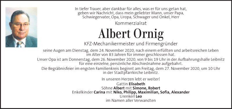  Traueranzeige für Albert Ornig  vom 26.11.2020 aus Kleine Zeitung
