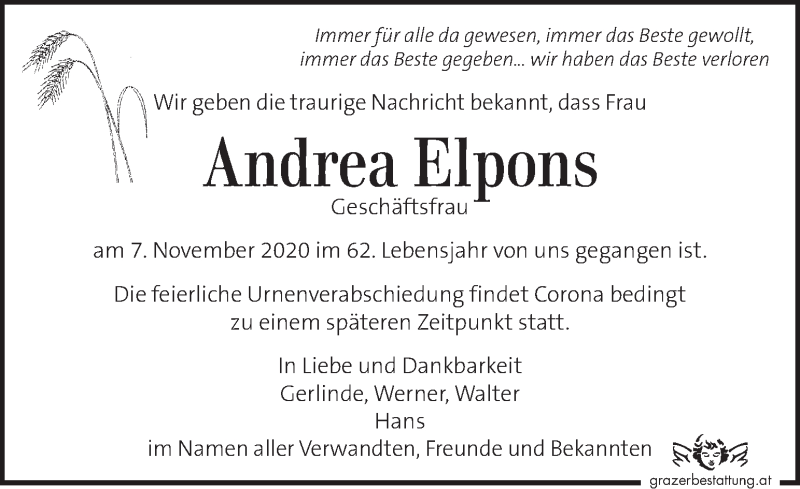  Traueranzeige für Andrea Elpons vom 17.11.2020 aus Kleine Zeitung