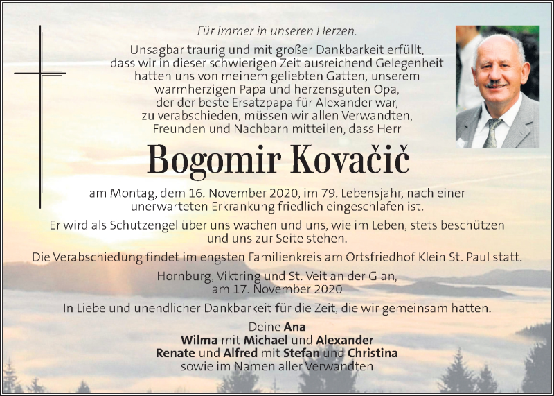  Traueranzeige für Bogomir Kovacic vom 21.11.2020 aus Kleine Zeitung