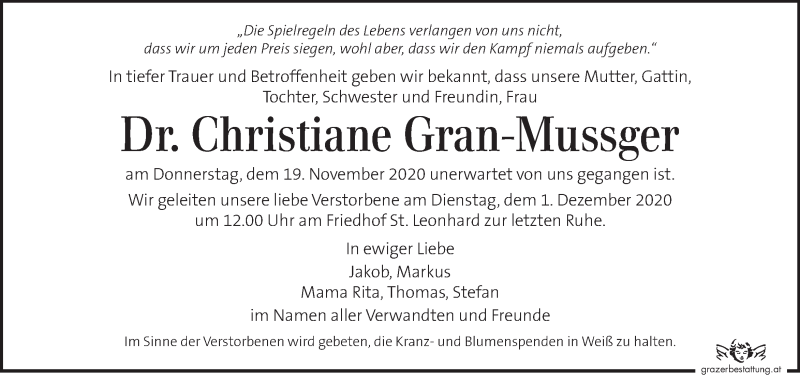  Traueranzeige für Christiane Gran-Mussger vom 26.11.2020 aus Kleine Zeitung