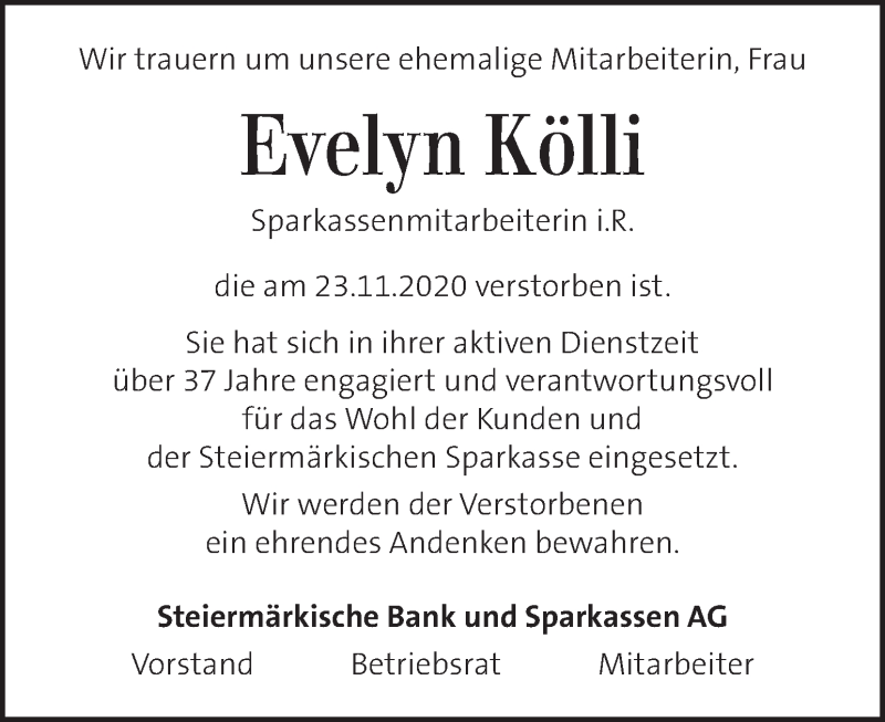  Traueranzeige für Evelyn Kölli vom 28.11.2020 aus Kleine Zeitung