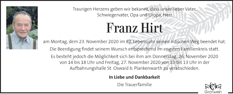  Traueranzeige für Franz Hirt  vom 25.11.2020 aus Kleine Zeitung