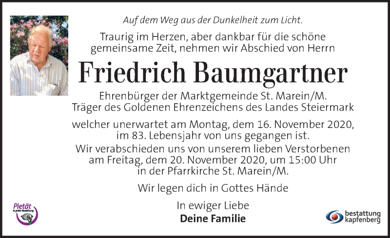 Traueranzeige für Friedrich Baumgartner vom 19.11.2020 aus Kleine Zeitung