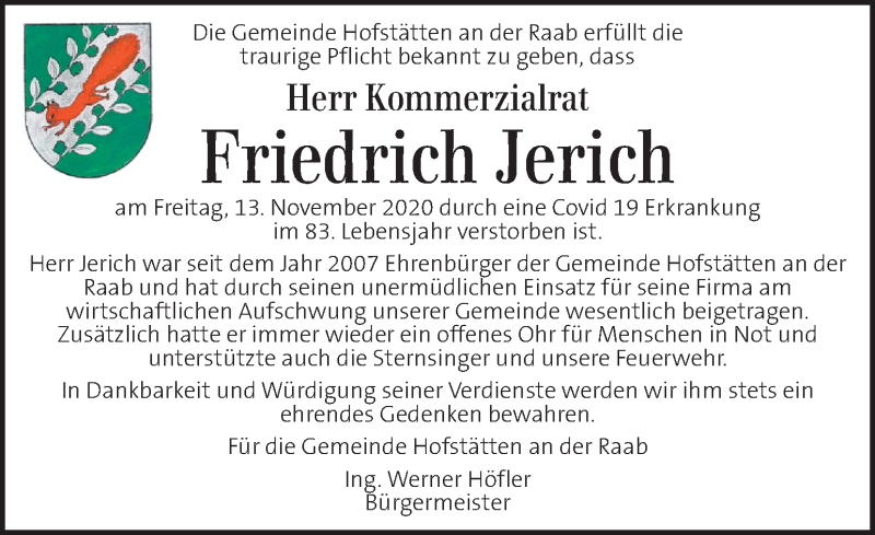  Traueranzeige für Friedrich Jerich vom 18.11.2020 aus Kleine Zeitung