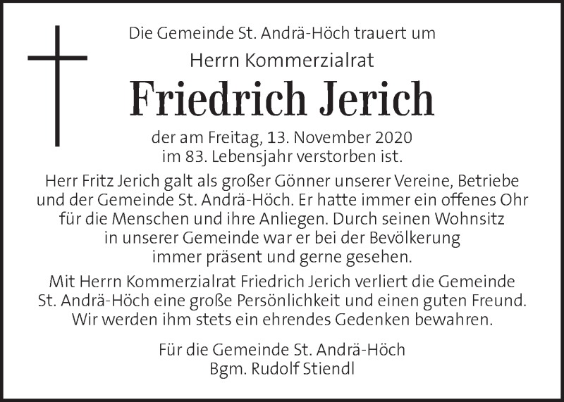  Traueranzeige für Friedrich Jerich vom 19.11.2020 aus Kleine Zeitung