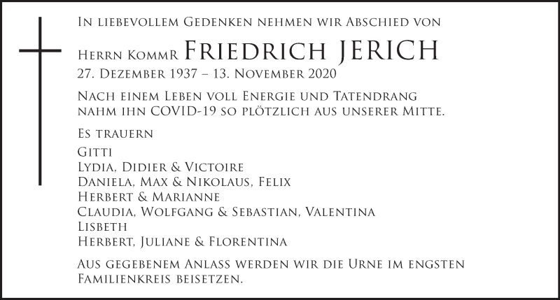  Traueranzeige für Friedrich Jerich vom 18.11.2020 aus Kleine Zeitung