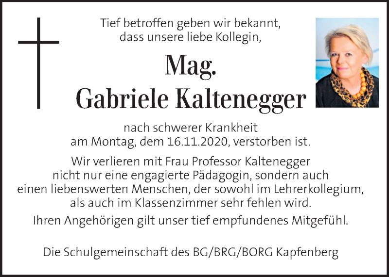  Traueranzeige für Gabriele Kaltenegger vom 20.11.2020 aus Kleine Zeitung