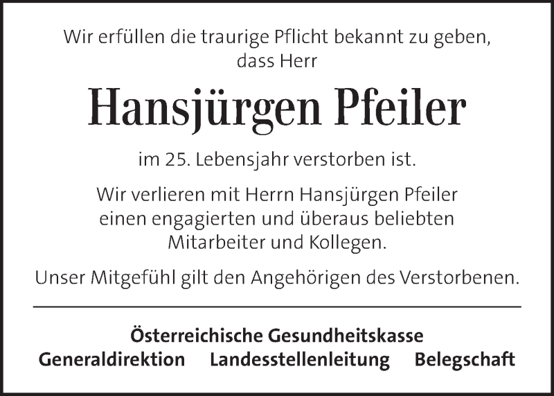  Traueranzeige für Hansjürgen Pfeiler vom 20.11.2020 aus Kleine Zeitung