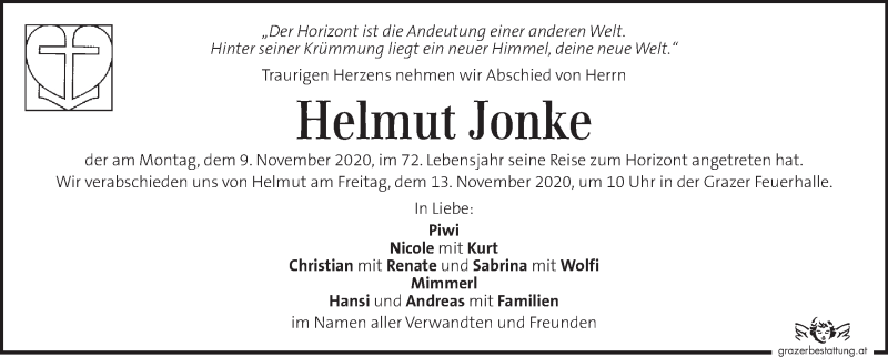  Traueranzeige für Helmut Jonke vom 12.11.2020 aus Kleine Zeitung