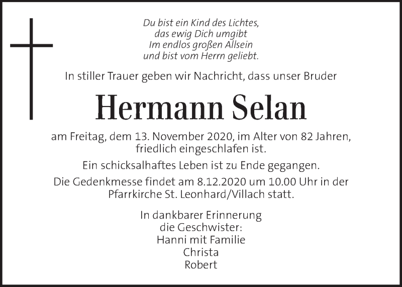  Traueranzeige für Hermann Selan vom 17.11.2020 aus Kleine Zeitung