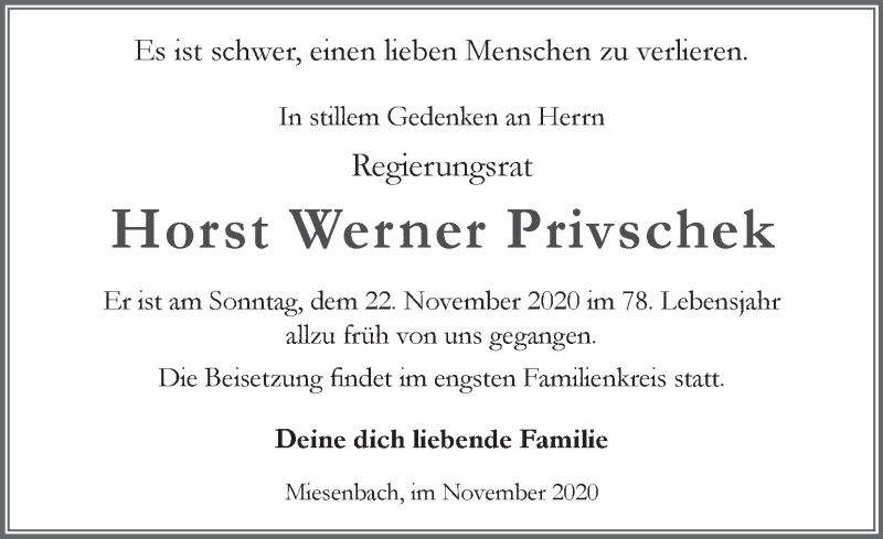  Traueranzeige für Horst Werner Privschek vom 25.11.2020 aus Kleine Zeitung