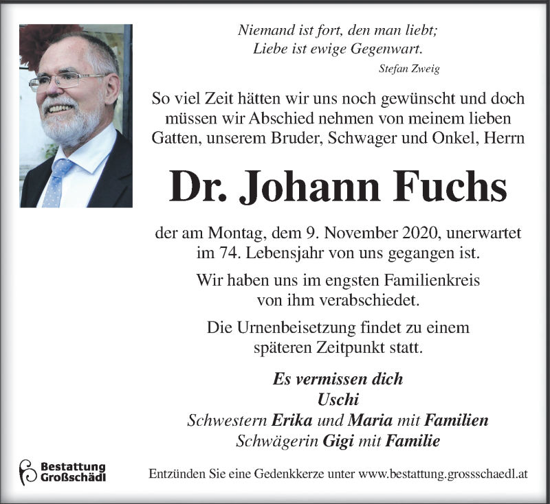  Traueranzeige für Johann Fuchs vom 20.11.2020 aus Kleine Zeitung