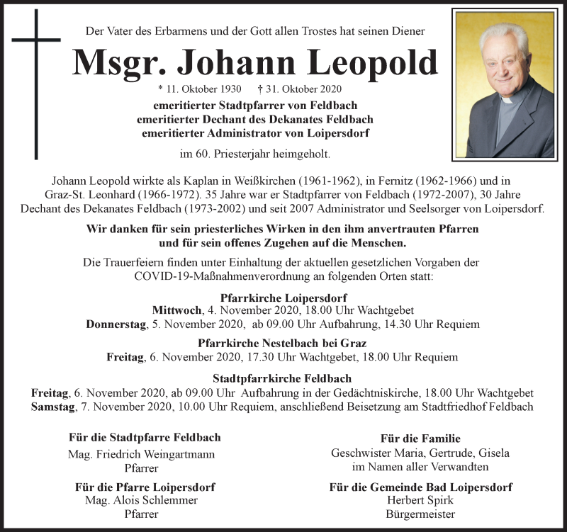  Traueranzeige für Johann Leopold vom 04.11.2020 aus Kleine Zeitung