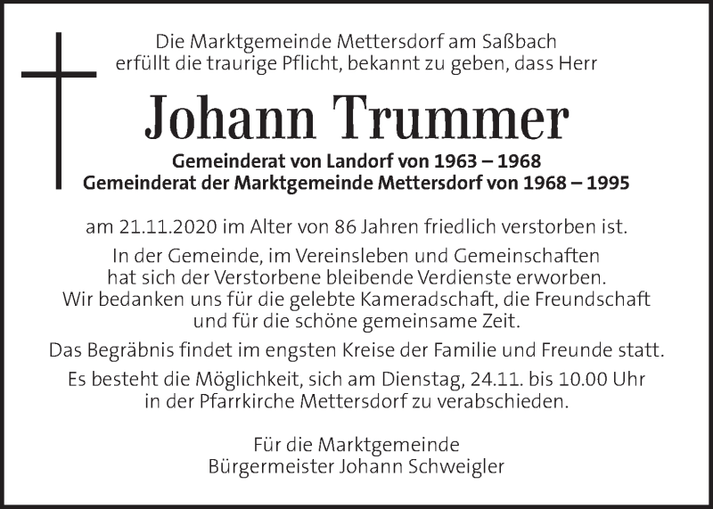  Traueranzeige für Johann Trummer vom 24.11.2020 aus Kleine Zeitung