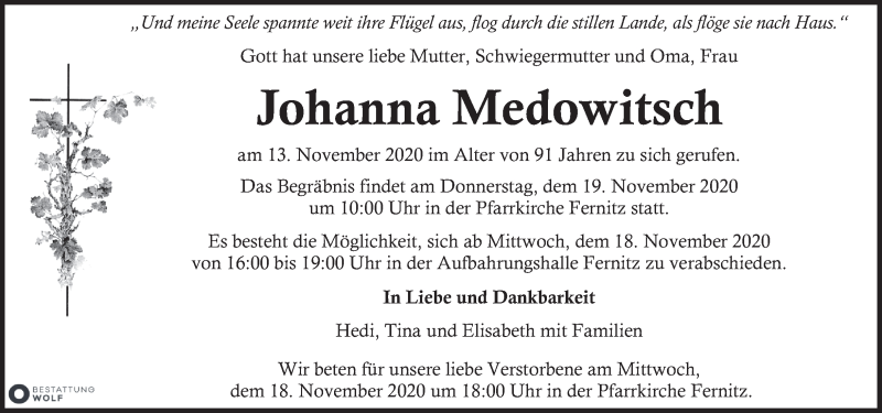  Traueranzeige für Johanna Medowitsch  vom 17.11.2020 aus Kleine Zeitung