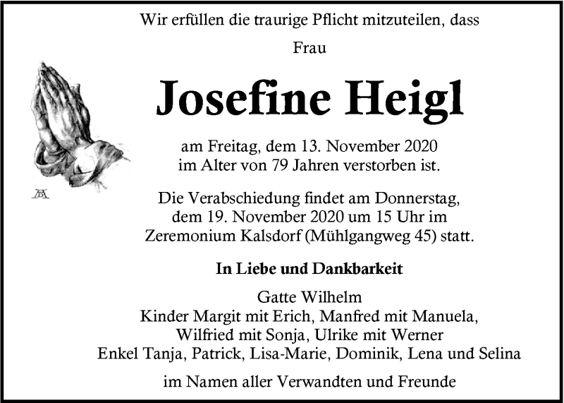  Traueranzeige für Josefine Heigl vom 17.11.2020 aus Kleine Zeitung