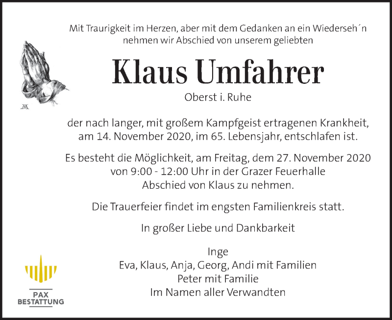  Traueranzeige für Klaus Umfahrer vom 22.11.2020 aus Kleine Zeitung