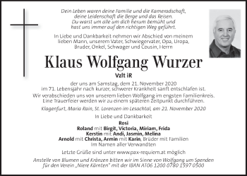 Traueranzeige von Klaus Wolfgang Wurzer von Kleine Zeitung