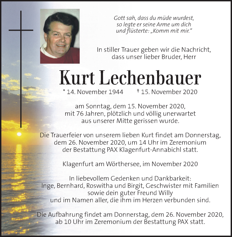  Traueranzeige für Kurt Lechenbauer vom 22.11.2020 aus Kleine Zeitung