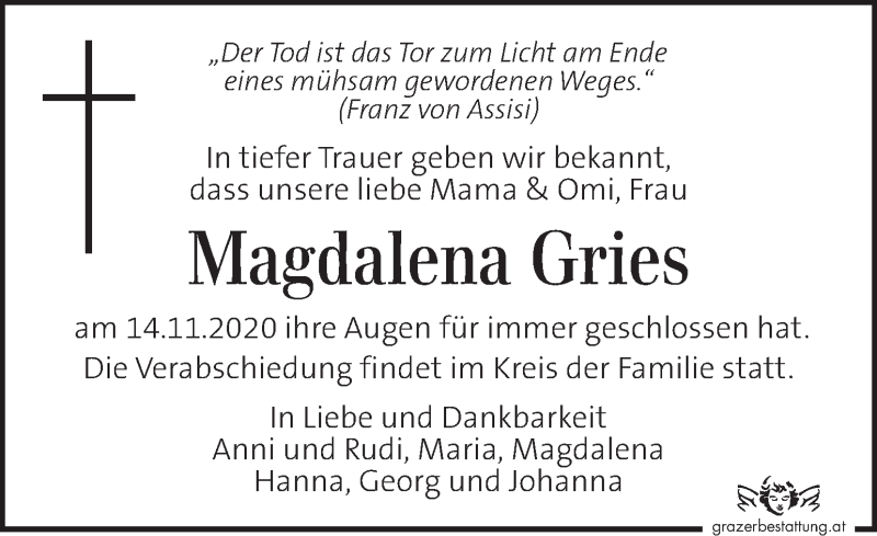  Traueranzeige für Magdalena Gries vom 21.11.2020 aus Kleine Zeitung