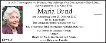 Traueranzeige von Maria Bund von Kleine Zeitung