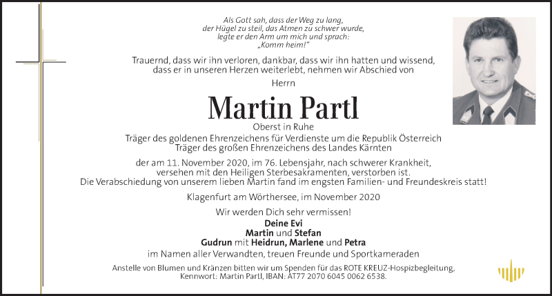  Traueranzeige für Martin Partl vom 19.11.2020 aus Kleine Zeitung