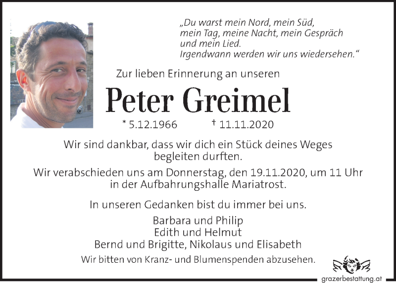  Traueranzeige für Peter Greimel vom 17.11.2020 aus Kleine Zeitung