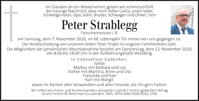  Traueranzeige für Peter Strablegg vom 11.11.2020 aus Kleine Zeitung
