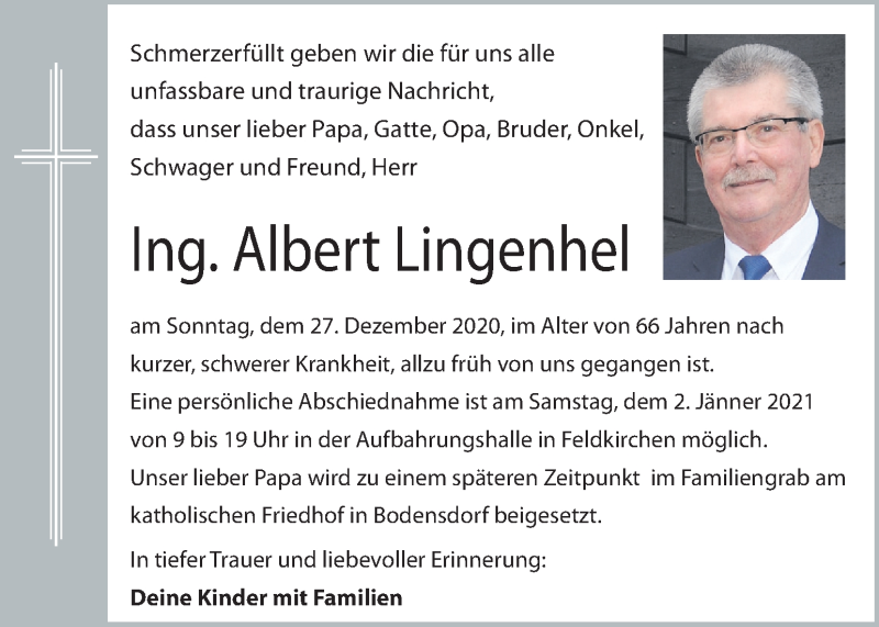  Traueranzeige für Albert Lingenhel vom 30.12.2020 aus Kleine Zeitung