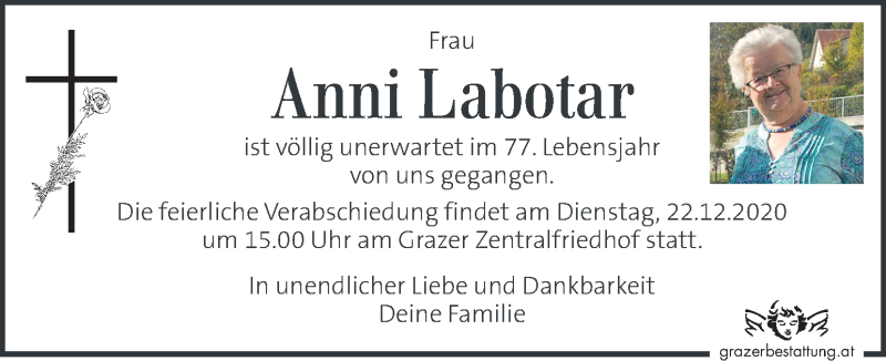  Traueranzeige für Anni Labotar vom 19.12.2020 aus Kleine Zeitung