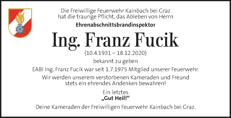  Traueranzeige für Franz Fucik  vom 22.12.2020 aus Kleine Zeitung