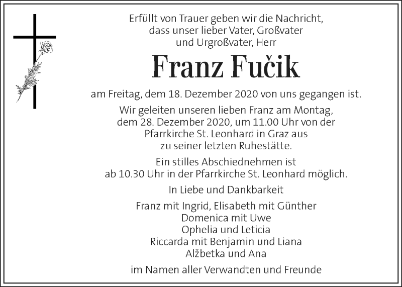  Traueranzeige für Franz Fucik  vom 25.12.2020 aus Kleine Zeitung