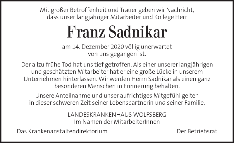  Traueranzeige für Franz Sadnikar  vom 22.12.2020 aus Kleine Zeitung