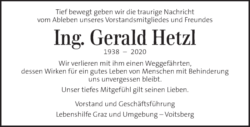  Traueranzeige für Gerald Hetzl vom 10.12.2020 aus Kleine Zeitung