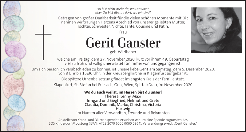  Traueranzeige für Gerit Ganster  vom 03.12.2020 aus Kleine Zeitung