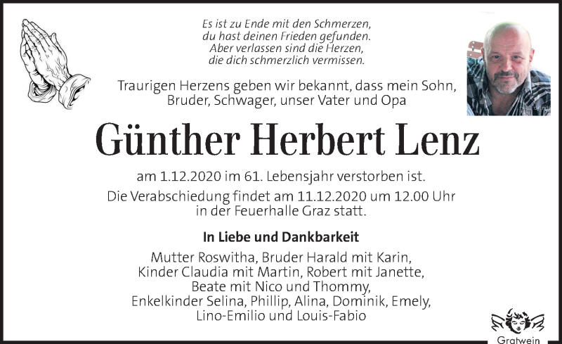  Traueranzeige für Günther Herbert Lenz vom 08.12.2020 aus Kleine Zeitung