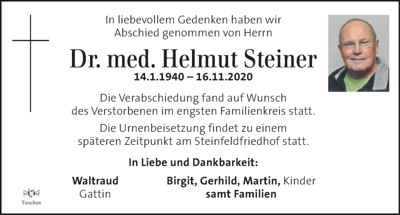  Traueranzeige für Helmut Steiner vom 04.12.2020 aus Kleine Zeitung
