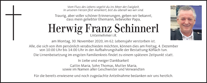  Traueranzeige für Herwig Franz Schinnerl vom 03.12.2020 aus Kleine Zeitung