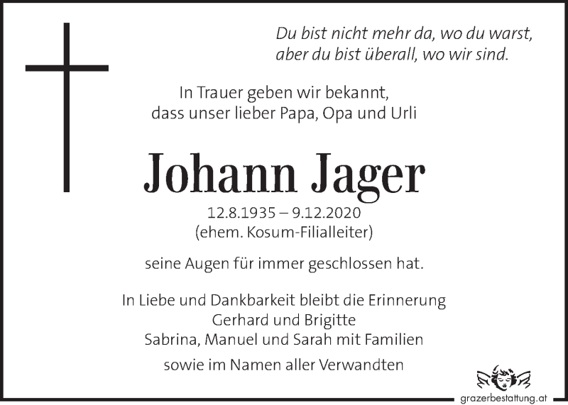  Traueranzeige für Johann Jager vom 13.12.2020 aus Kleine Zeitung