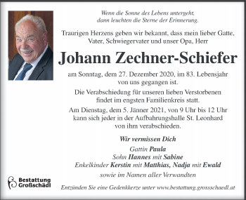 Traueranzeige von Johann Zechner-Schiefer von Kleine Zeitung
