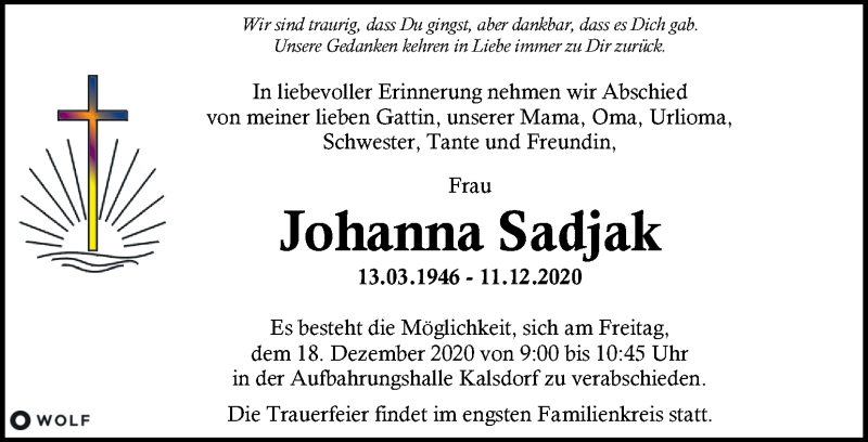  Traueranzeige für Johanna Sadjak vom 15.12.2020 aus Kleine Zeitung