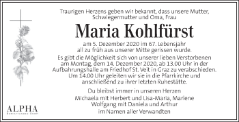 Traueranzeige von Maria Kohlfürst von Kleine Zeitung